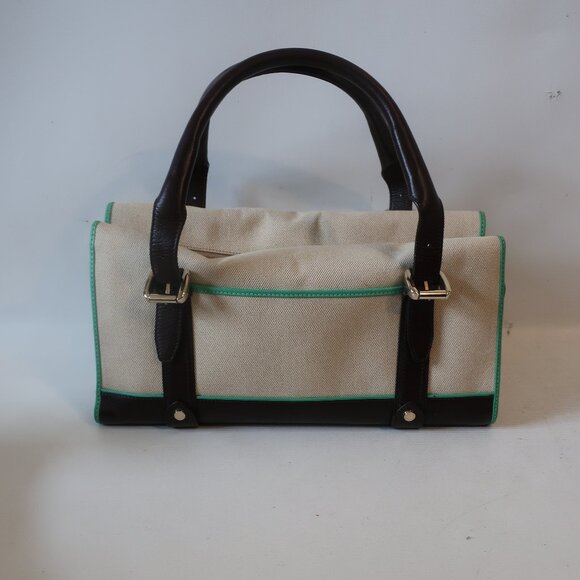 NWD Womens Oscar de la Renta Cream Brown Green Canvas Leather Satchel Handbag​ - Picture 1 of 16